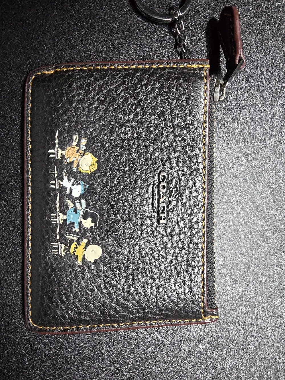 Coach Black Pebbled Leather Peanuts Zip Card Case Keyring